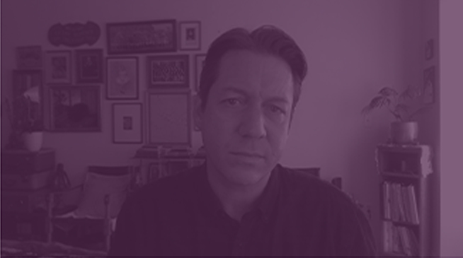 Video thumbnail of person with short hair in front of bookshelf with purple overlay