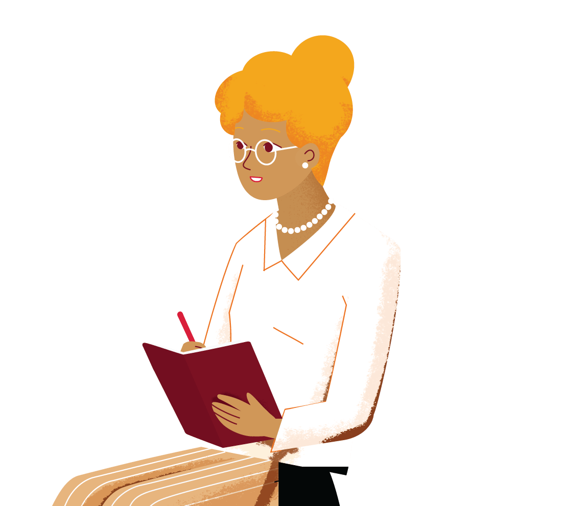 Animated person writing in a book