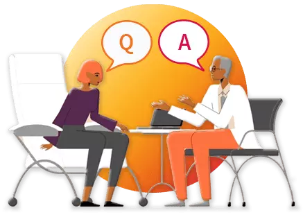 Animated patient and healthcare professional having a question and answer dialogue