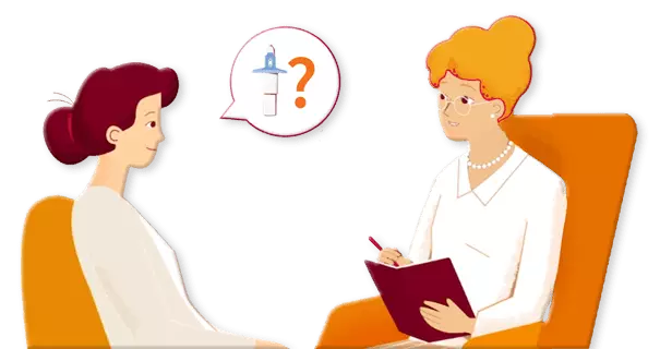 Animated patient asking nasal spray questions to healthcare provider
